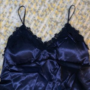 Silky blue slip with lace trim